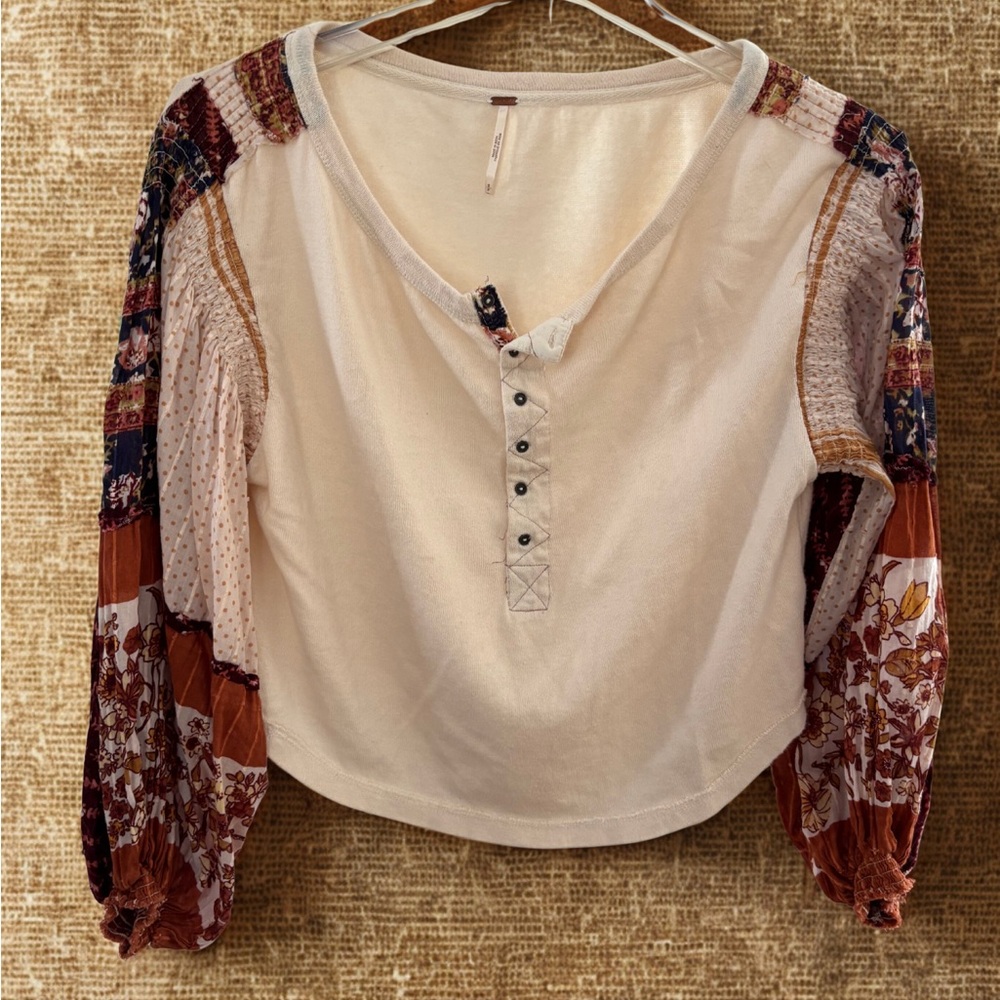 Free People Cream and Brown Boho Blouse